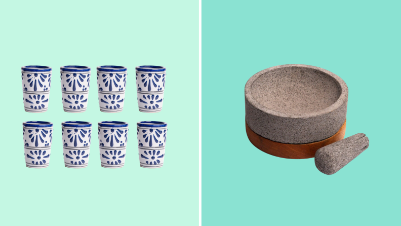 Side-by-side image of two rows of tequilero shot glasses with blue and white talavera designs and a pestle and mortar from Cemcui.