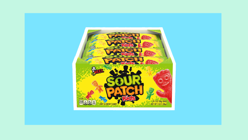 Box of sour candy packages.