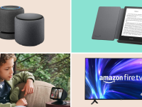 A collage of Amazon devices in front of colored backgrounds.