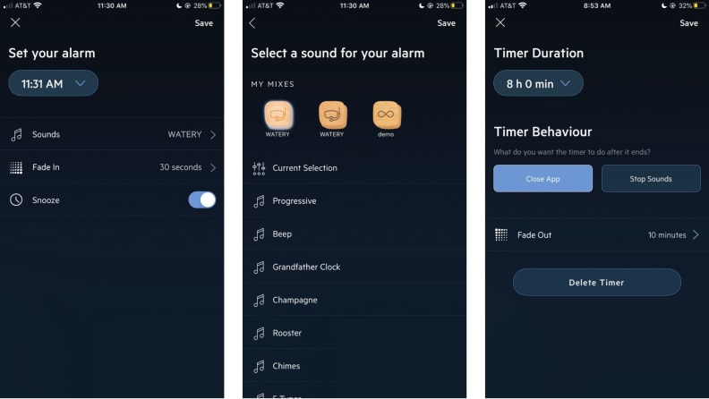 three screenshots of relax melodies, whose alarm and timer functions let users change sound, and app behavior