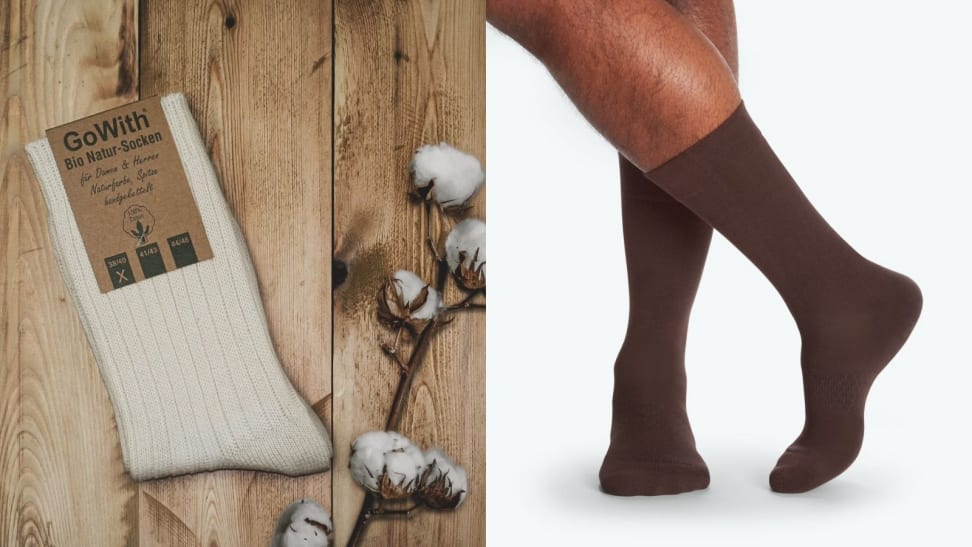 Natural and un-dyed cotton socks from seller GoWith on Etsy, man standing in a pair of brown Bombas socks.