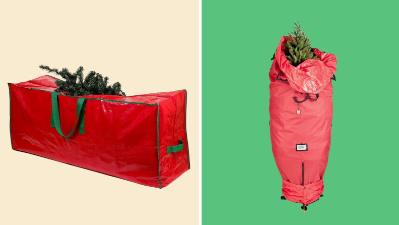 Two christmas tree storage bags against a white and green background.