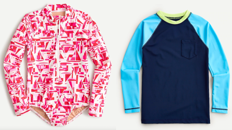 A girls' long sleeve swimsuit with a pink pattern, and a boys' long sleeve rash guard in blue