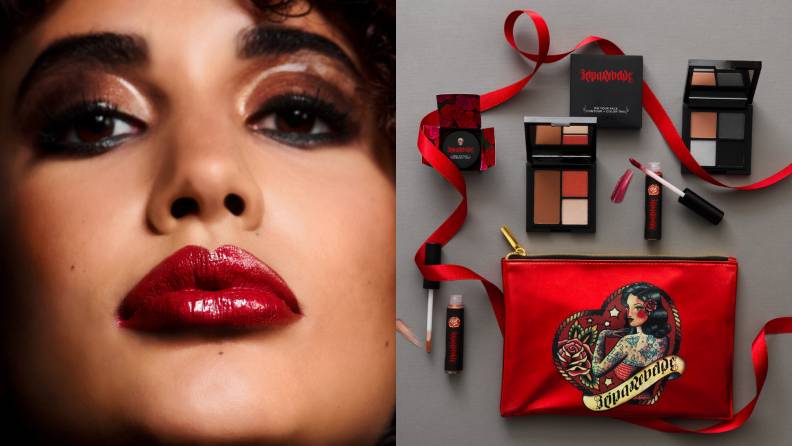 A close-up on lipstick-covered lips and a makeup package.