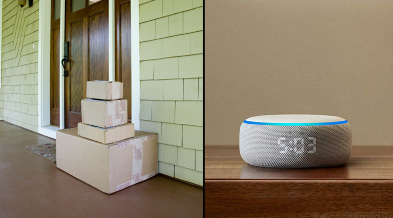 Pile of packages at front door and the all-new Amazon Echo Dot