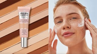 On the left: A squeeze tube of makeup concealer with a background of its color swatches. On the right: A person applying white cream to their cheeks and smiling into the camera.
