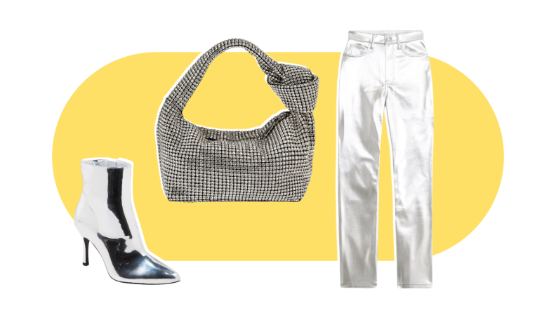 A silver ankle boot, rhinestone-encrusted handbag, and a pair of silver pleather pants.