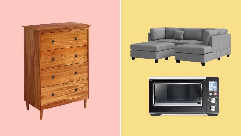 A dresser against a pink background on the left. A sofa set and a toaster oven against a gold background on the right.