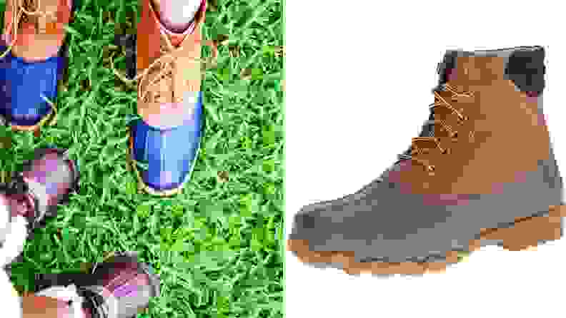 Closeups of duck boots.