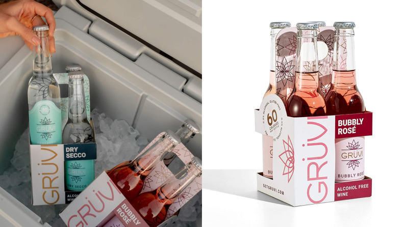On left, hand reaches in cooler to grab one of the assorted beverages. On right, four pack of wine in soda-style glass.
