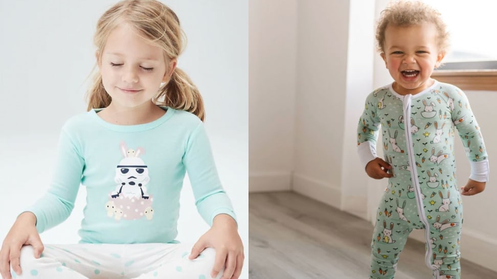 On one side a girl sits smiling, criss-cross, in her storm trooper pajamas. On the other side, a child laughs in their mint-colored Easter pajamas.