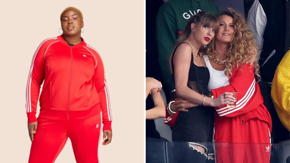 A model wearing a red adidas tracksuit, and a photo of Taylor Swift and Blake Lively embracing in the stands of the Super Bowl.