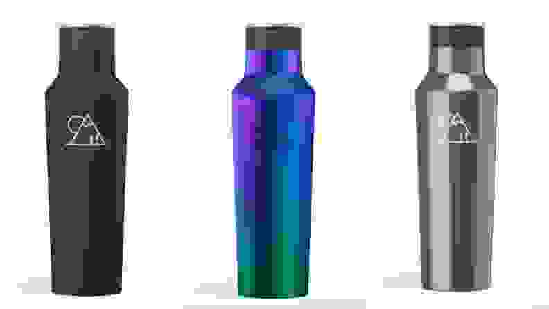 Three varied personalized Corkcicle Sport Canteens on grayish background.