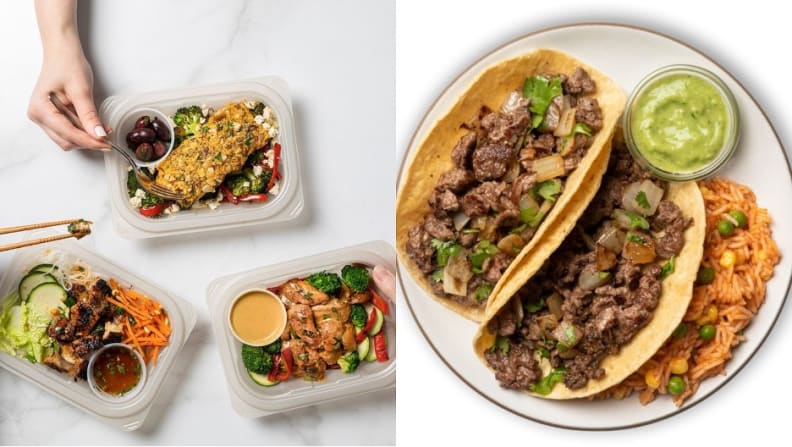 On the left three boxes with various dishes.  To the right some steak tacos.