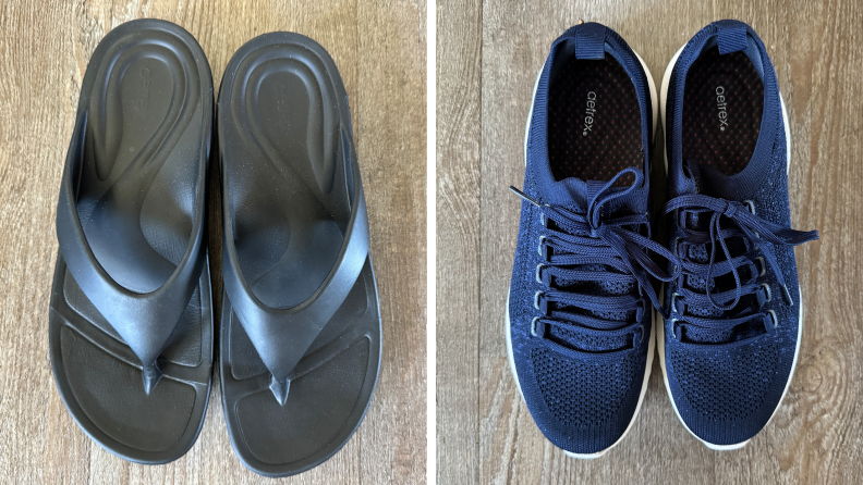 On left a pair of Fiji Aetrex sandals, On right a pair of Danika Aetrex snesakers