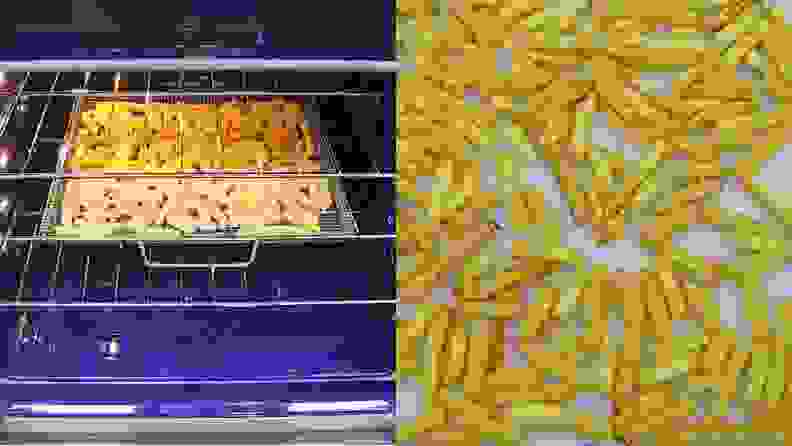 Side by side photos of French fries air frying in an electric oven and the final crispy fries.