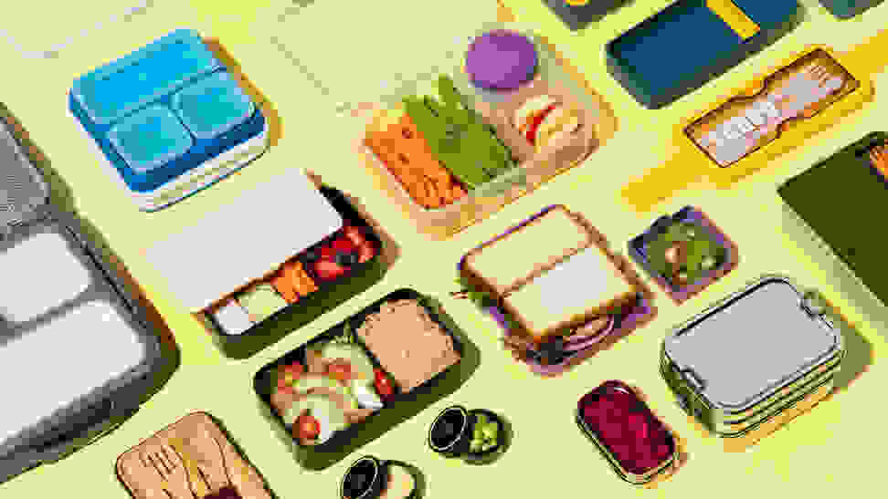 An assortment of bento boxes filled with vegetables, sandwiches, salad, and other food.