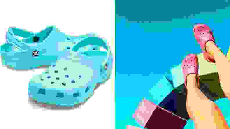 Close up shots of blue and pink Crocs.