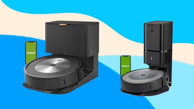 Two robot vacuums from iRobot next to compatible smartphones.