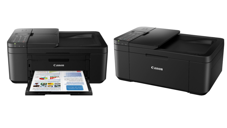 Two images of the same black Canon printer, one seen from the front with a printed page in the tray, the other seen from the side with the tray withdrawn.