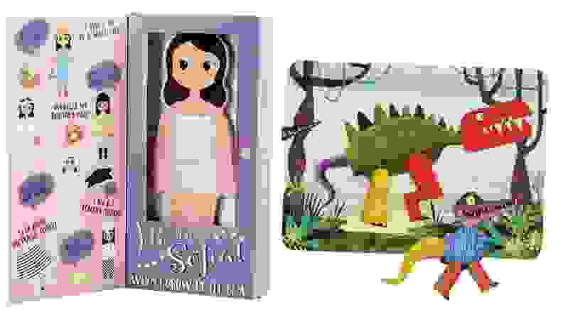 On left, children's magnetic doll set. On right, children's dinosaur magnetic set.