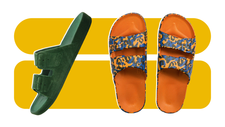 Two pairs of slide sandals, one is olive green with velvet straps, and the other has a multicolored camouflage.