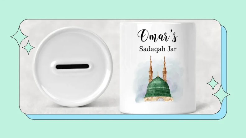 A Ramadan Charity Jar on a light green background.