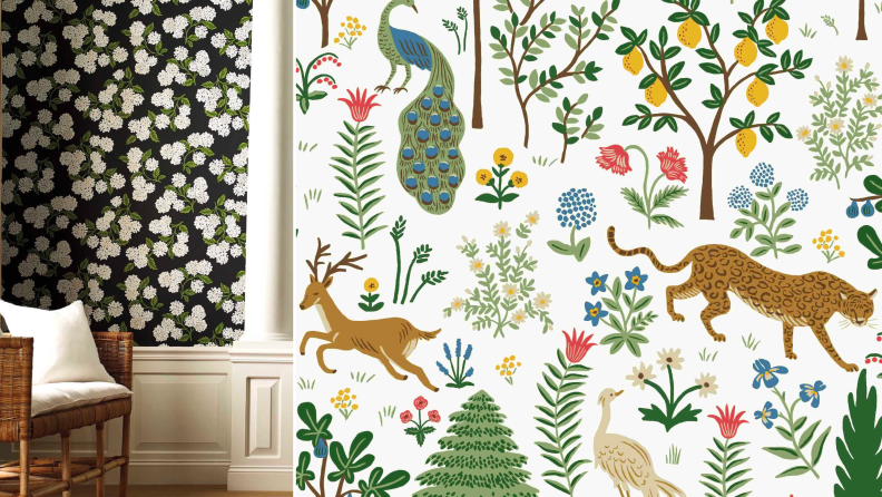 Two images of flora and fauna illustrations on wallpaper.