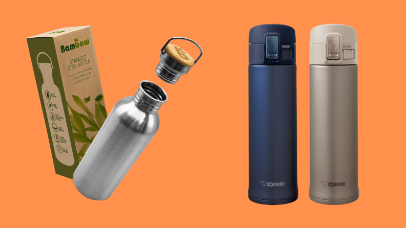 A stainless steel bottle floats over an orange background; it has a screw on cap with a bamboo top and a small metal handle.