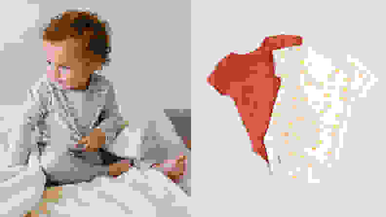 Left: baby Black boy looking to the right, wearing a blue striped onesie, on a bed. Right: two onesies on a blank background—a red onesie and a white one with red and orange designs