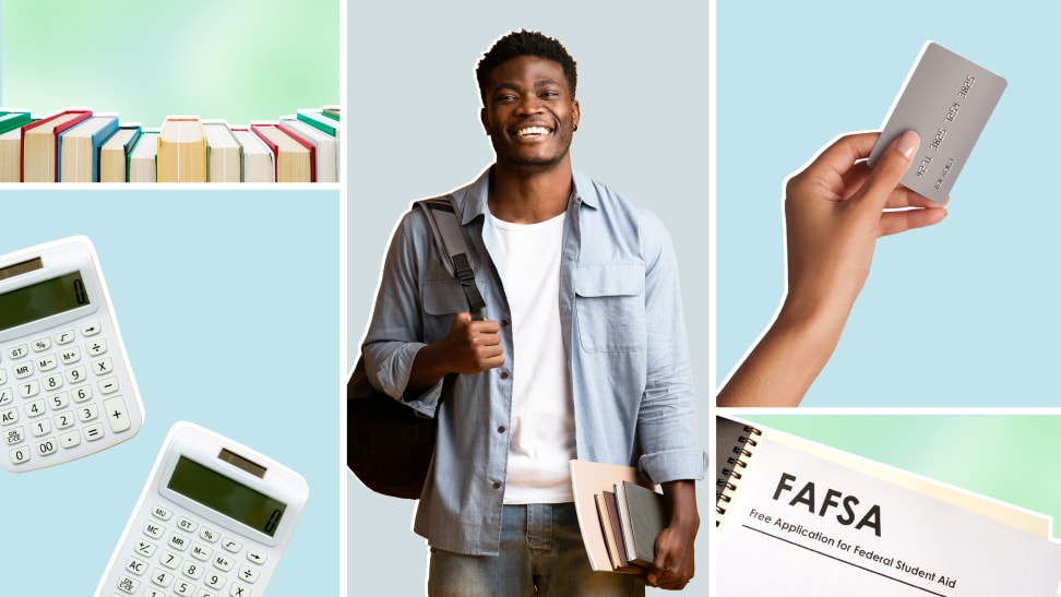 Collage of textbooks, calculators, a student standing with backpack and books in hand, a hand holding a plastic credit card, and a FAFSA form.