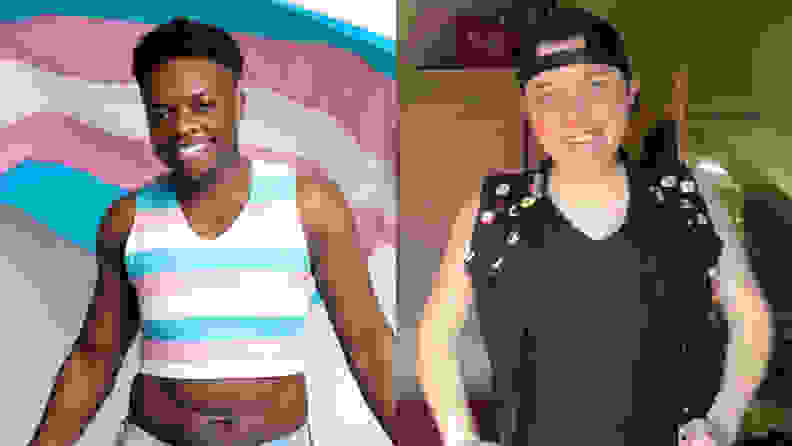 A human wears a trans flag-inspired binder from gc2b in front of a trans flag, and another human wears a black gc2b binder with a cut-off denim jacket, also wearing a hat.