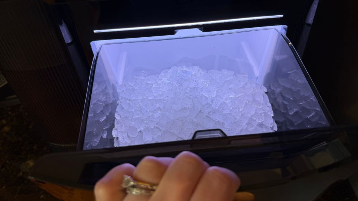 GoveeLife Smart Nugget Ice Maker Pr ice drawer open with violet lighting