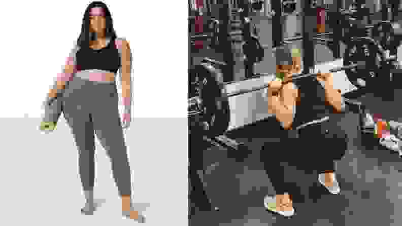 Left: woman wearing leggings and posing Right: woman working out with weights in gym