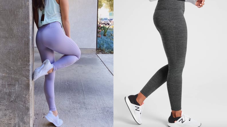 left: purple fabletics leggings. right: black athleta leggings.