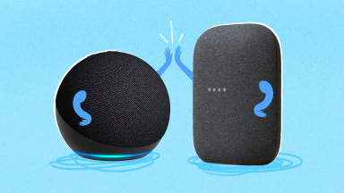 An illustration of an Amazon Echo smart speaker high-fiving a Google Home smart speaker