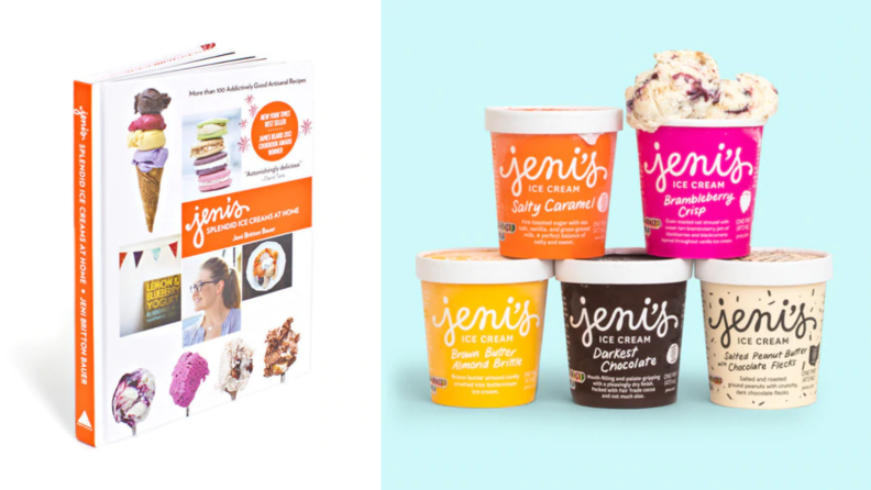 An image of the Jeni's Splendid Ice Cream cookbook alongside stacked pints of Jeni's ice cream flavors.