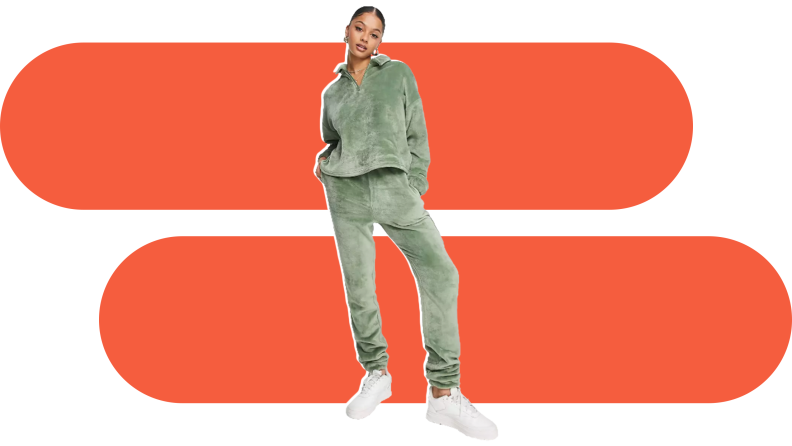 A woman in a green Asos Sweatsuit.
