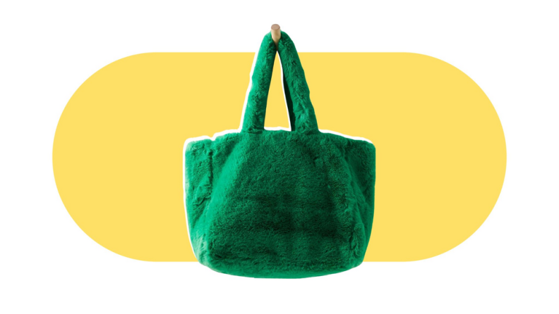 A fuzzy green tote bag.