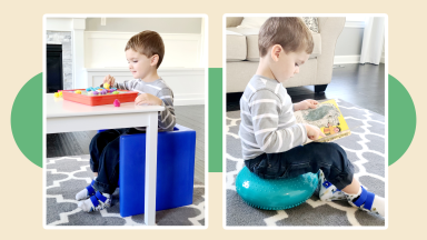 Split image on background of a child sitting a cube chair and on a wobble cushion.
