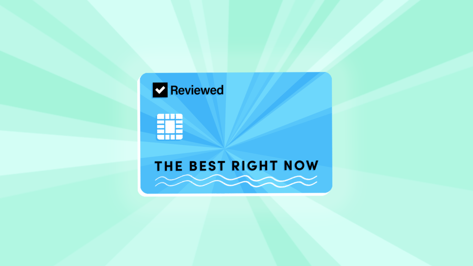 An illustrated credit card featuring Reviewed's logo and reading The Best Right Now is centered on a green background