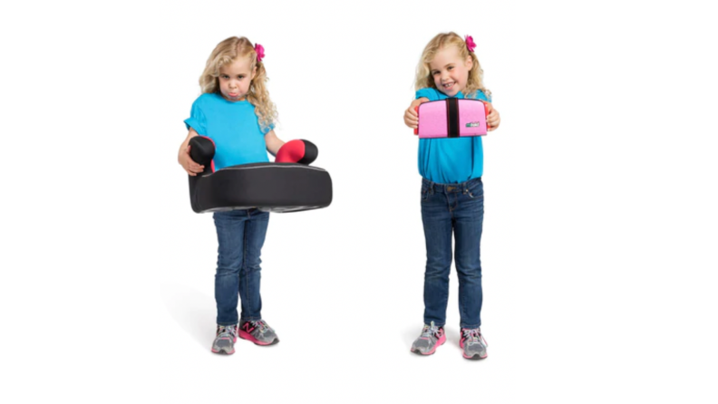 A little girl holds up a typical booster and a mifold booster.