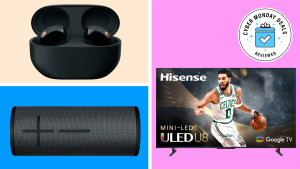 Various discounted Best Buy products on a colorful background.