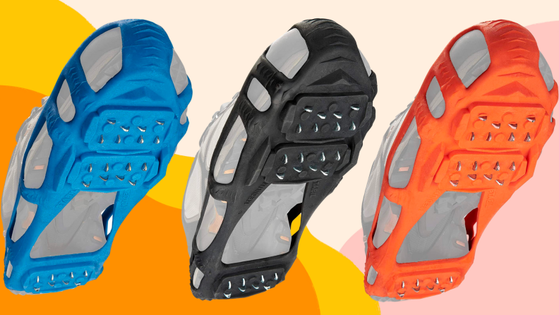 Three attachable cleats in blue, black, and orange.