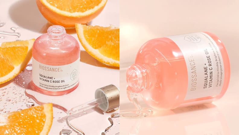 On the left: A clear dropper bottle containing a light pink solution with orange slices all around the bottle. On the right: The same clear bottle with pink liquid in it tipped on its side.