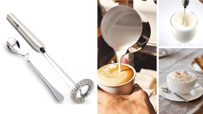 A series of four images shows the tools and process for frothing milk and making a cappuccino.