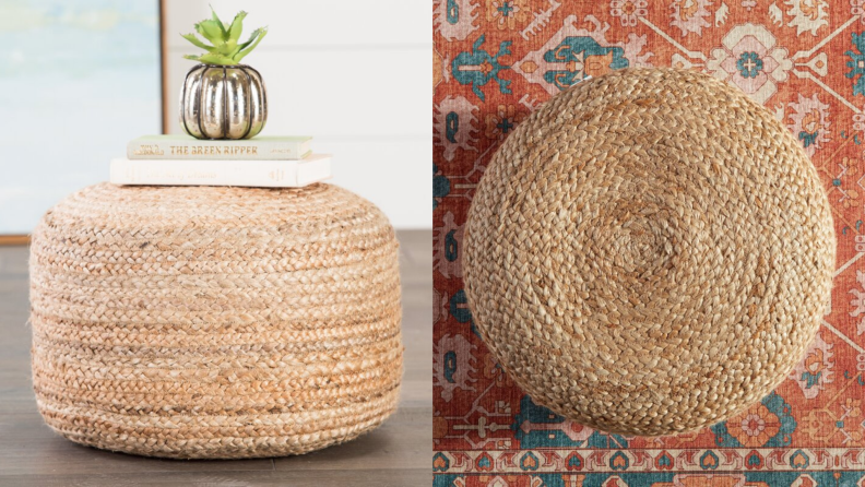 On left, product shot of Coastal Farmhouse braided ottoman with two books and a metal pumpkin sitting on top. On left, product shot of the Coastal Farmhouse braided ottoman from above.