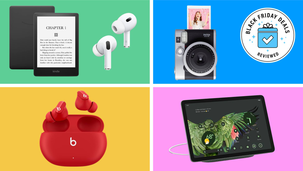 A variety of the tech items available for sale in this guide appear against a colorful background