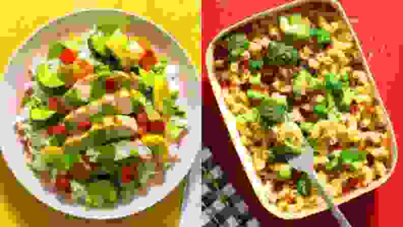 A tofu chicken rice bowl on the left. Broccoli maccaroni casserole on the right.