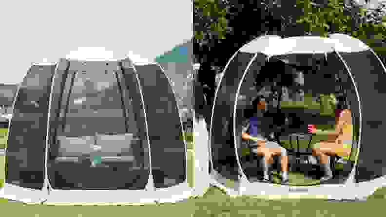 Two images, side by side: On the left, we see a lovely arrangement off furniture inside a collapsible, tent-style gazebo. To the right, we see two individuals sitting inside the same kind of gazebo, enjoying a lively conversation.